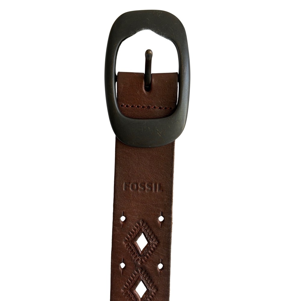 Fossil Brown Leather Belt Geometric Diamond Cutout Southwestern Womens 36 in - Picture 7 of 7